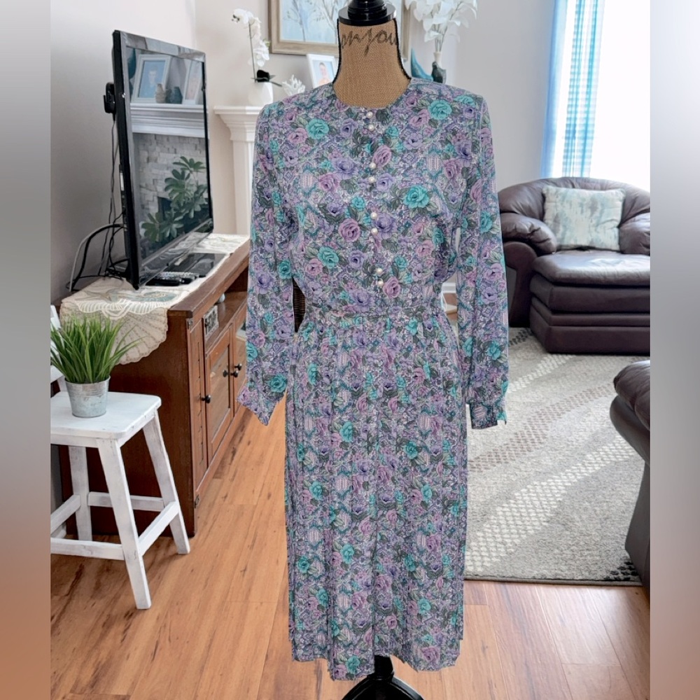 Schrader vintage 70’s floral long sleeve pleated belted lightweight dress 8p